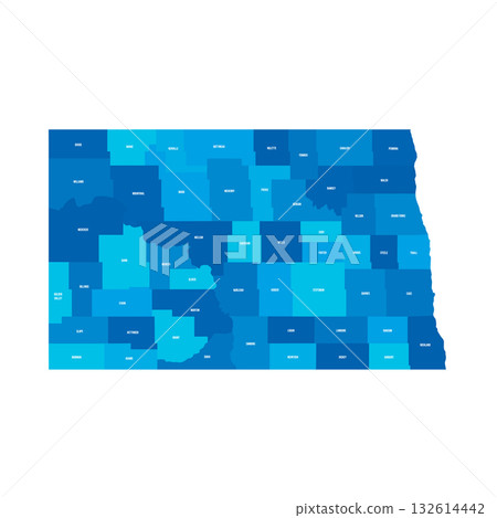 North Dakota, ND - detailed political map of US state. Administrative map divided into counties. Blue map with county name labels. Vector illustration 132614442