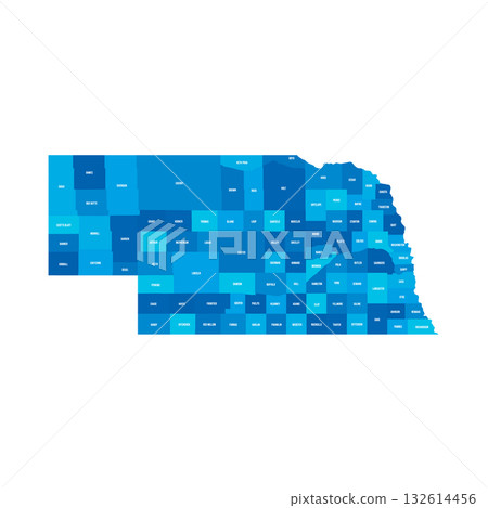 Nebraska, NE - detailed political map of US state. Administrative map divided into counties. Blue map with county name labels. Vector illustration 132614456
