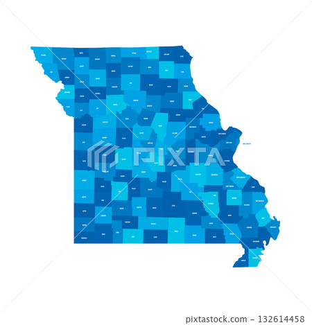 Missouri, MO - detailed political map of US state. Administrative map divided into counties. Blue map with county name labels. Vector illustration Missouri, MO - detailed political map of US state. Administrative map divided into counties. Blue map with county name labels. Vector illustration 132614458