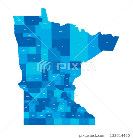 Minnesota, MN - detailed political map of US state. Administrative map divided into counties. Blue map with county name labels. Vector illustration Minnesota, MN - detailed political map of US state. Administrative map divided into counties. Blue map with county name labels. Vector illustration 132614460