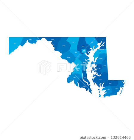 Maryland, MD - detailed political map of US state. Administrative map divided into counties. Blue map with county name labels. Vector illustration 132614463