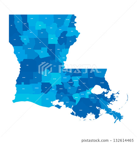 Louisiana, LA - detailed political map of US state. Administrative map divided into counties. Blue map with county name labels. Vector illustration 132614465