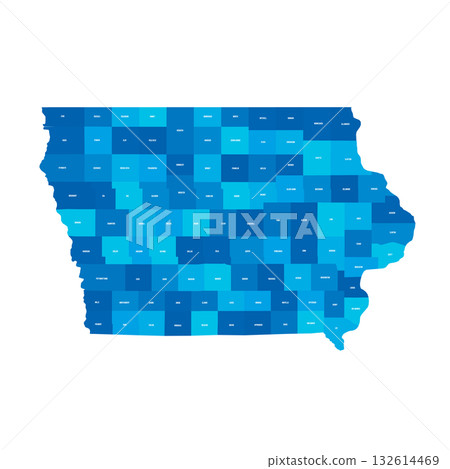 Iowa, IA - detailed political map of US state. Administrative map divided into counties. Blue map with county name labels. Vector illustration Iowa, IA - detailed political map of US state. Administrative map divided into counties. Blue map with county name labels. Vector illustration 132614469
