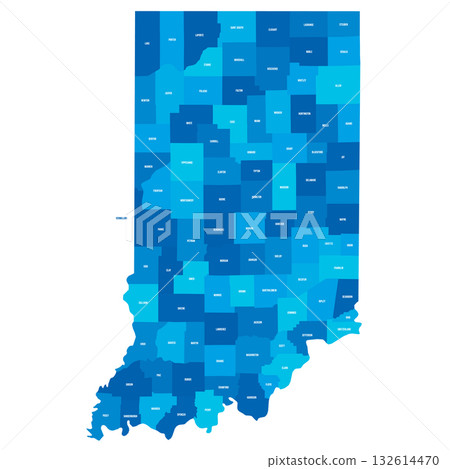 Indiana, IN - detailed political map of US state. Administrative map divided into counties. Blue map with county name labels. Vector illustration 132614470
