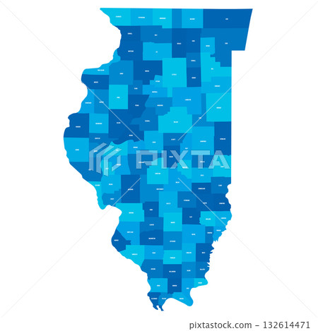Illinois, IL - detailed political map of US state. Administrative map divided into counties. Blue map with county name labels. Vector illustration 132614471