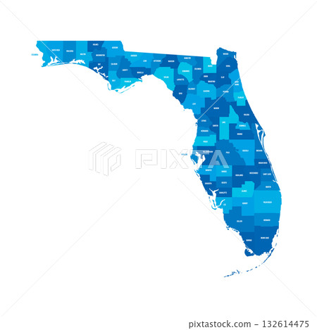 Florida, FL - detailed political map of US state. Administrative map divided into counties. Blue map with county name labels. Vector illustration Florida, FL - detailed political map of US state. Administrative map divided into counties. Blue map with county name labels. Vector illustration 132614475
