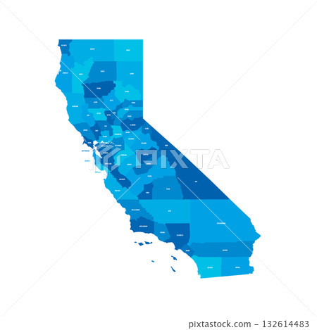 California, CA - detailed political map of US state. Administrative map divided into counties. Blue map with county name labels. Vector illustration 132614483