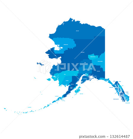 Alaska, AK - detailed political map of US state. Administrative map divided into counties. Blue map with county name labels. Vector illustration Alaska, AK - detailed political map of US state. Administrative map divided into counties. Blue map with county name labels. Vector illustration 132614487