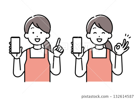 Illustration set of a housewife (nursery school teacher, housekeeping assistant) showing her smartphone and giving an OK sign and explaining 132614587