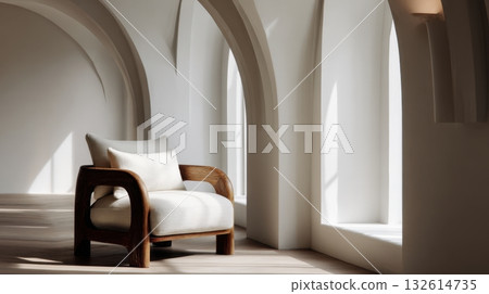 Cozy chair by arched windows 132614735