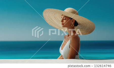 Woman in large hat by the sea 132614746