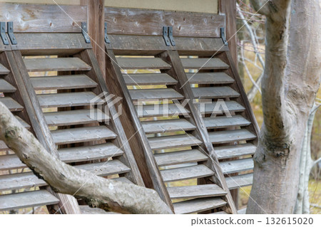 Japanese architectural windows with wooden louvers 132615020
