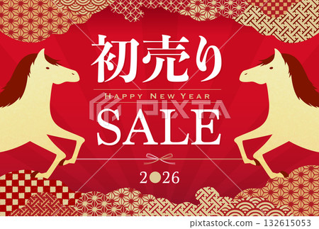 2026 Year of the Horse New Year's Sale: Golden Horse and Japanese Pattern Background/Frame Advertising Design 132615053