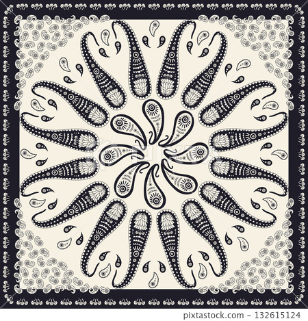 Monochrome black and white scarf or bandana design with paisley mandala pattern Monochrome black and white scarf or bandana design with paisley mandala pattern 132615124
