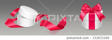 Round white gift box mockup with pink ribbon Round white gift box mockup with pink ribbon 132615266