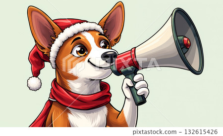 A cheerful dog in a Santa hat with a megaphone in his paw announces Christmas discounts. A cheerful dog in a Santa hat with a megaphone in his paw announces Christmas discounts. 132615426