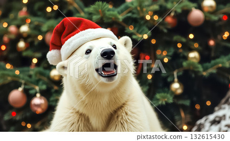 Lovely white teddy bear in a Christmas cap in a magical forest. Lovely white teddy bear in a Christmas cap in a magical forest. 132615430