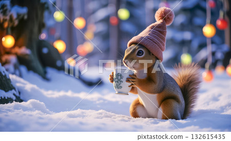 A cute squirrel in a funny knitted hat with a cup of aromatic drink in her paws. A cute squirrel in a funny knitted hat with a cup of aromatic drink in her paws. 132615435