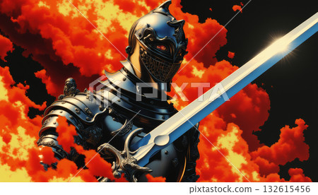 Great medieval knight in armor and with a sword in the fire of battle 132615456