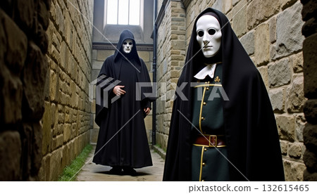 An ominous and frightening man in a mask slowly invites you to enter a medieval castle 132615465