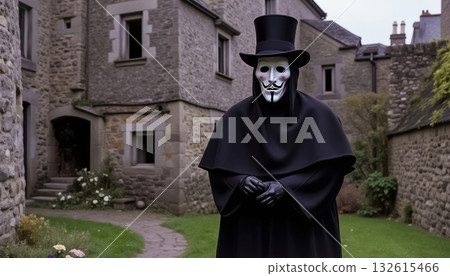 An ominous and frightening man in a mask slowly invites you to enter a medieval castle 132615466