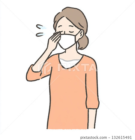 圖示插圖,描繪了一位出現頭痛和發燒症狀的女性 圖示插圖,描繪了一位出現頭痛和發燒症狀的女性 132615491