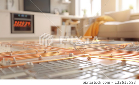 Living room with hardwood flooring, fireplace, couch, and wires on the floor Living room with hardwood flooring, fireplace, couch, and wires on the floor 132615558