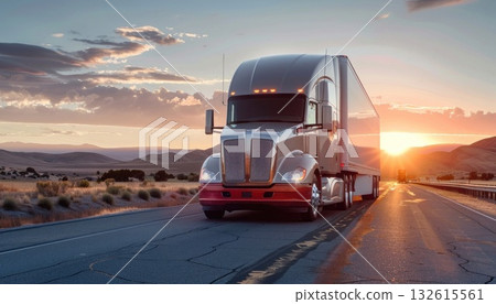 Semi truck with glowing parking lights drives on highway as the sun sets 132615561