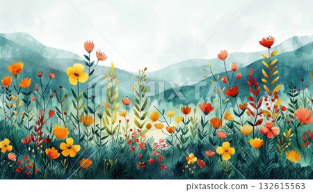 Artistic depiction of flowers in a grassy field with distant mountains 132615563
