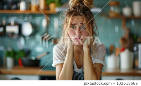A blond woman sits in the kitchen, hands on face, deep in thought 132615669