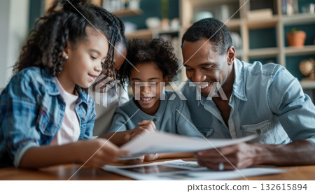 Family sharing happy moments at table, child smiling while sitting, fun event 132615894