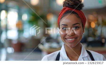 A happy woman wearing a headband and apron smiles for the camera 132615917