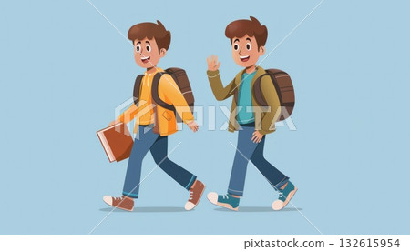 Cartoon boys sharing a happy gesture while walking with backpacks 132615954