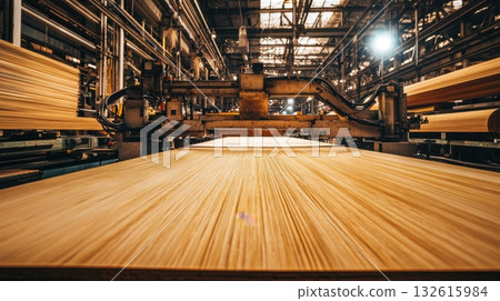 Industrial wood panel production with automated machinery and bright lighting 132615984