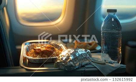 Travel meal served on airplane tray with window light Travel meal served on airplane tray with window light 132615992
