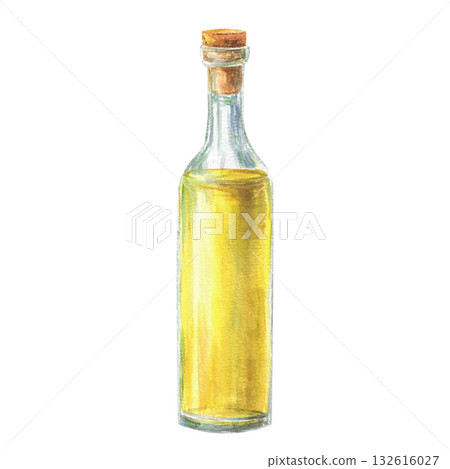 Bottle of limoncello with cork. Yellow beverage. Homemade traditional Italian alcoholic liqueur made from lemons. Hand drawn illustration for drink menu, party cocktail list. Isolated from background. 132616027