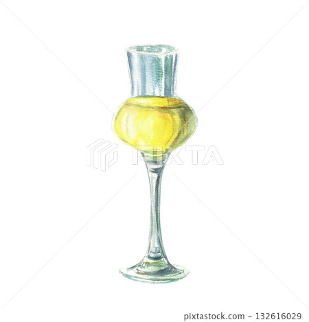 Limoncello, Italian Lemon liqueur in glass. Shot with yellow alcoholic drink, cocktails. Watercolor hand drawn illustration. Clipart for beverage menu for bar, restaurant. Isolated from background 132616029