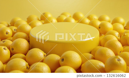 Minimalist yellow podium surrounded by fresh lemons  vibrant citrus background for product display or advertising concept. 132616062