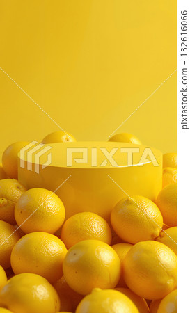 Minimalist yellow podium surrounded by fresh lemons  vibrant citrus background for product display or advertising concept. 132616066