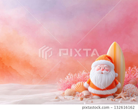 Cheerful Santa Claus figurine orange attire stands sandy beach with seashells, coral, and surfboard, evoking tropical Cheerful Santa Claus figurine orange attire stands sandy beach with seashells, coral, and surfboard, evoking tropical 132616162