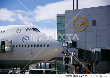 Frankfurt, Germany, September 13, 2019: Boeing 747 Nose at Frankfurt Airport Gate Frankfurt, Germany, September 13, 2019: Boeing 747 Nose at Frankfurt Airport Gate 132616327