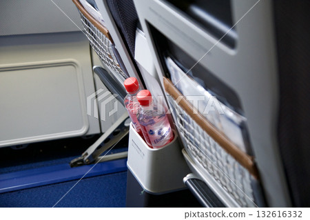 Frankfurt, Germany, June 10, 2019: Two Water Bottles for Passengers in Premium Economy Cabin on Long Haul Flight 132616332