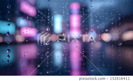 Raindrops on a window create a textured foreground, blurring colorful city lights in the background. The lights, in shades of pink, blue, and white, appear as soft, out-of-focus bokeh, suggesting a vi 132616411