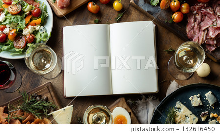 Gathering around food and drinks at a festive table with an open notebook Gathering around food and drinks at a festive table with an open notebook 132616450