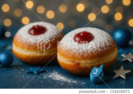 Two jelly-filled doughnuts dusted with powdered sugar on a festive blue background. The image conveys the concept of celebration, sweetness, and traditional holiday dessert Two jelly-filled doughnuts dusted with powdered sugar on a festive blue background. The image conveys the concept of celebration, sweetness, and traditional holiday dessert 132616871