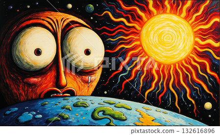 Excited sun looking at earth shocked, very surprised and worried Excited sun looking at earth shocked, very surprised and worried 132616896
