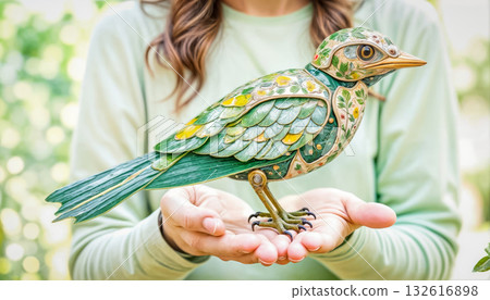 robot bird on a girl s hand. ecology and environmental protection concept 132616898
