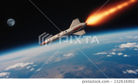 A missile with a nuclear warhead flies above the Earth, invincible force and danger A missile with a nuclear warhead flies above the Earth, invincible force and danger 132616902