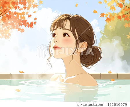 美優系列：年輕女子在熱氣騰騰的秋季露天浴池中放鬆身心 132616979