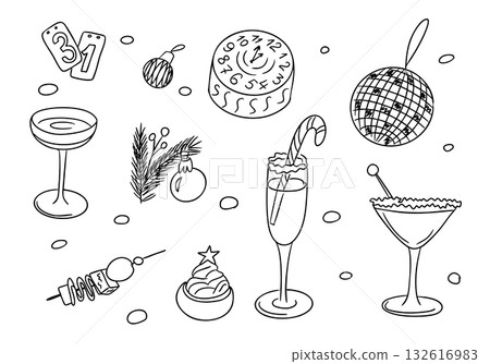 New year doodle illustration with cocktails, decorations, and festive elements in black and white line art. Concept of celebration, holiday party and cheerful winter mood New year doodle illustration with cocktails, decorations, and festive elements in black and white line art. Concept of celebration, holiday party and cheerful winter mood 132616983